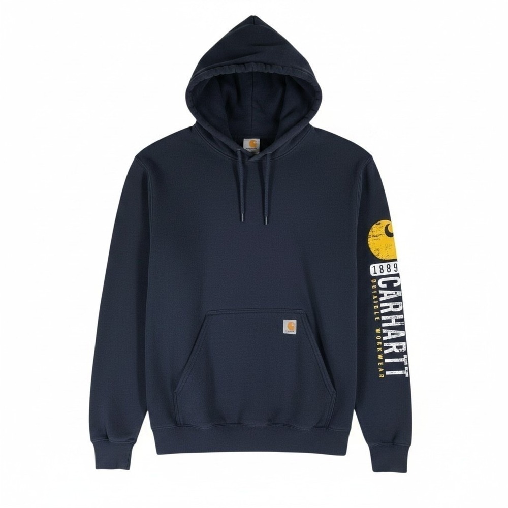Carhartt K288 Hoodie Sweatshirt Mens L Midweight Faded Navy Blue Graphic Sleeve